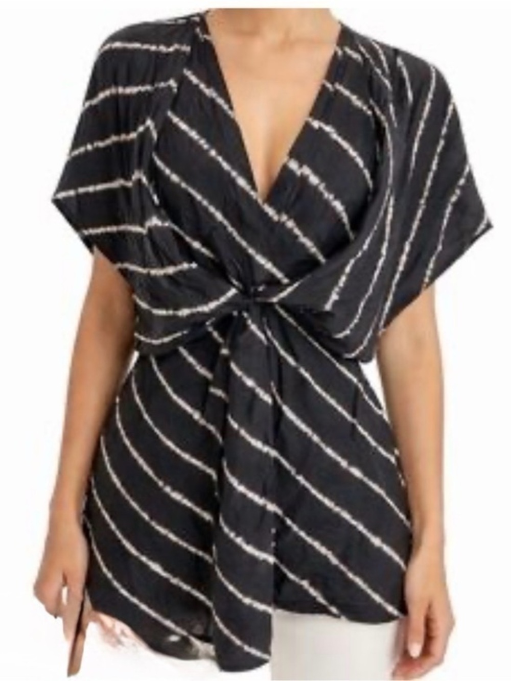 BCBGMAXAZRIA 100% Silk Tie Dye Stripe Wrap Tunic Blouse Black White Size M